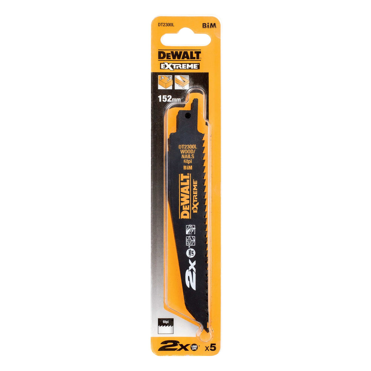 DeWalt 152mm 2X Recip Blade 6TPI Wood & Nails 5 Pack